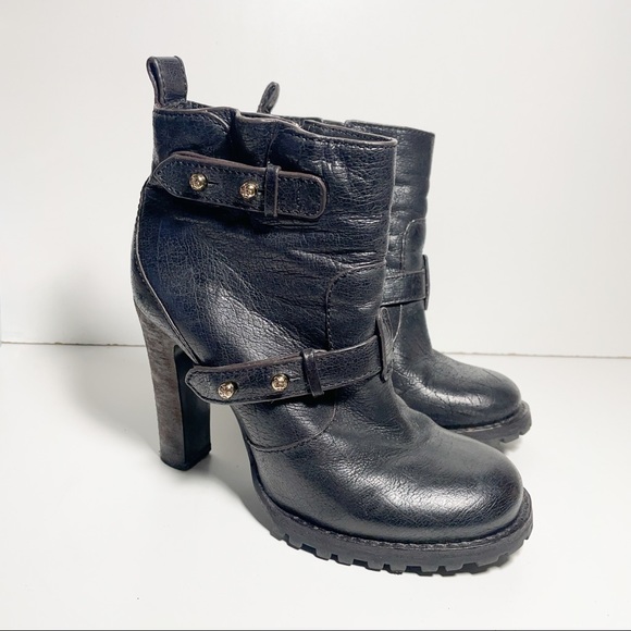 TORY BURCH Leather Moto Bootie Boots Heeled Strap Detail Size 7.5 - Picture 2 of 10